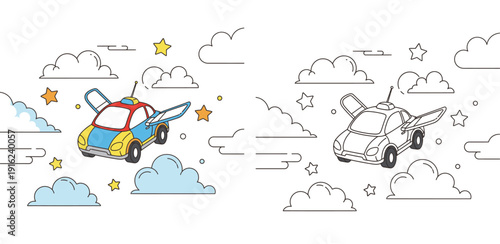 Cute flying car cartoon vector illustration coloring book page for kids with colored example and outline version in the sky with clouds and stars