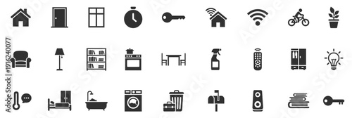 Home icons vector set in solid glyph style. Household and smart home symbols. Minimal black silhouette design. Modern flat icons for UI, mobile apps, web, real estate, and interior design projects