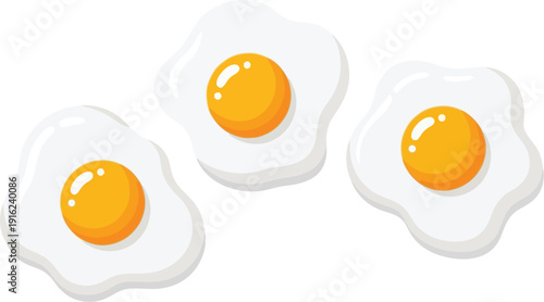 Three brightly colored cartoon style fried eggs with sunny side up yolks floating isolated on a clean white background for breakfast concepts