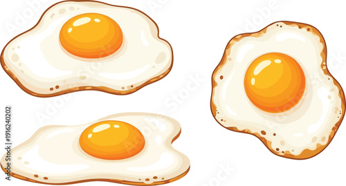 Three beautifully rendered sunny side up fried eggs illustrated in a cheerful cartoon style perfect for breakfast menus or food design elements