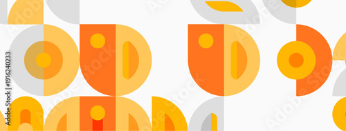 Retro pattern features repeating geometric shapes. Orange, yellow, gray tones create vintage aesthetic. Simple design, clean lines.