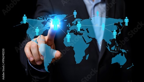 Professional man touching a glowing human icon on a global digital map for recruitment