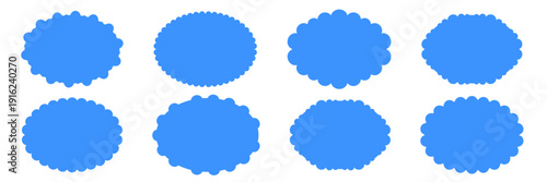 Fluffy cloud frame label set. Cloud shaped and jagged frame silhouette oval and circle frames with scalloped edges