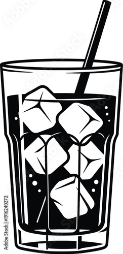 Black and white vector illustration of a tall glass filled with a cold fizzy beverage and several large ice cubes served with a drinking straw.
