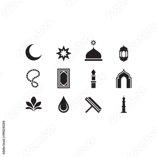 Islamic icon set mosque lanten mat tree silhuoette black 