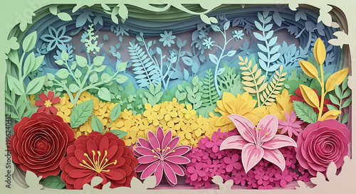 Vibrant floral landscape with lush greenery and colorful blooms in a natural setting
