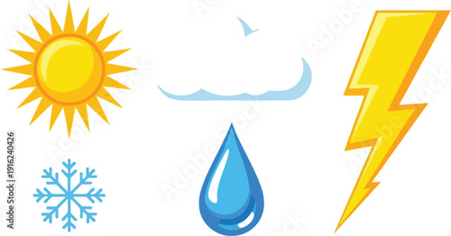 Bright sun cloud rain snowflake and intense lightning bolt represent various meteorological conditions for weather forecasting graphic icons