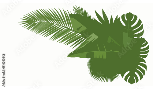 Green tropical tree branch with lush leaves corner composition vector illustration isolated