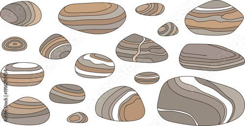 Collection of diverse smooth striped pebbles rendered in warm earth tones illustrating natural geological patterns and smooth river stone aesthetics.