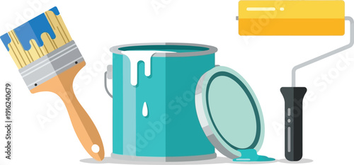 Simple flat illustration featuring essential painting tools including an open can of cyan paint a brush with blue paint and a roller ready for home improvement projects
