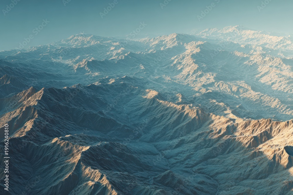 Fototapeta premium Aerial view of rugged mountain landscape with dramatic peaks and valleys under soft sunlight