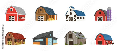 A collection of various illustrated farm barns and agricultural buildings in different styles and colors.
