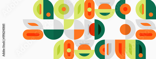 Abstract geometric shapes, muted colors, retro style. Pattern repeats, creating visual texture. Simple forms dominate composition.