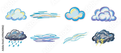 A collection of hand-drawn cartoon clouds depicting various weather conditions, including sunny, windy, rainy, and stormy skies.