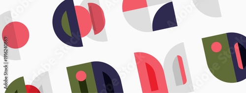 Abstract geometric shapes repeat. Circles, triangles, semicircles create playful pattern. Colors include red, navy, olive, gray. Minimalist design.