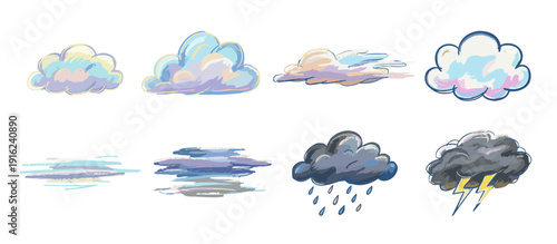Watercolor illustration set featuring various cloud formations from light and fluffy to dark rain and lightning clouds.
