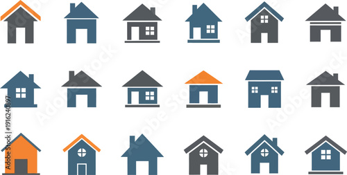 Collection of eighteen distinct minimal house icons featuring various roof shapes and colors representing real estate and property symbols