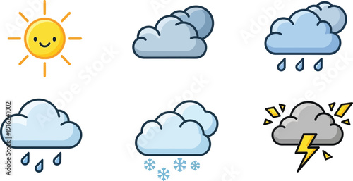 Collection of six simple cartoon weather icons depicting various atmospheric conditions like sun rain clouds snow and thunderstorms