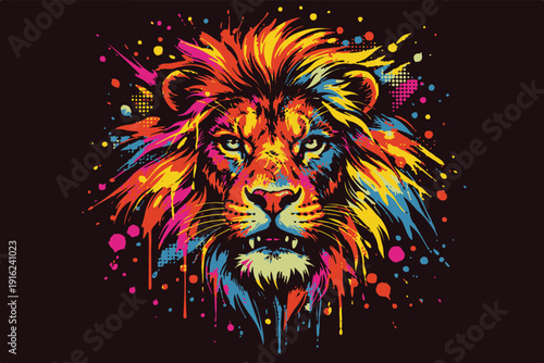  Vibrant pop art lion portrait with neon paint splashes, dripping ink and halftone dots on a black background, conveying power, creativity and bold urban street art energy