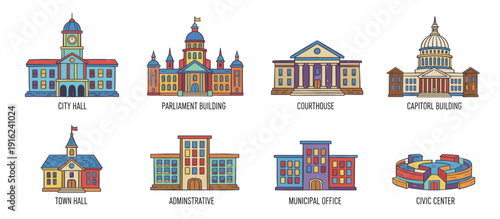 Collection of cartoon-style government and public buildings including city hall, parliament, courthouse, capitol, town hall, administrative, municipal office, and civic center.