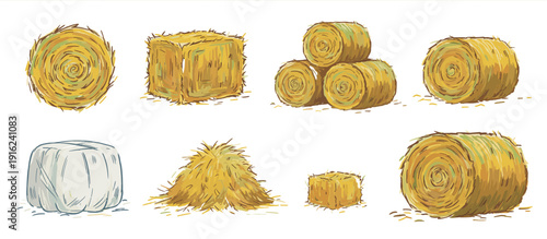 A detailed illustration showcasing various types of hay, including round bales, square bales, a silage bale, and a pile of loose hay.