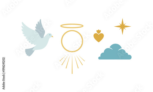 Christian religious symbols vector illustration dove halo heart star and cloud line art set