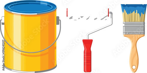 Bright yellow paint can alongside a textured paint roller and a wide paintbrush loaded with blue liquid ready for house improvement projects.