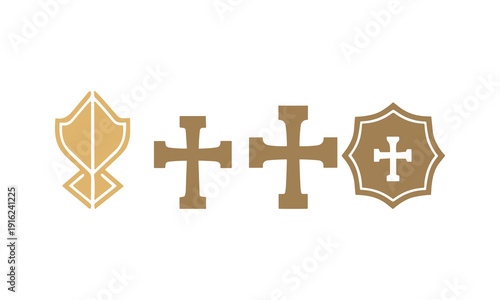 Christian symbols and heraldic cross vector icons with golden silhouette and line art style