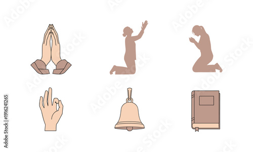 Christianity symbols vector silhouette illustration and people praying line art collection set