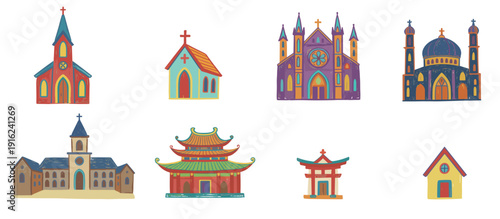 Collection of diverse religious buildings and places of worship, including churches, mosques, temples, and pagodas, representing various faiths and architectural styles.