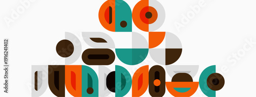 Abstract geometric shapes overlap, creating midcentury modern aesthetic. Colors include teal, orange, brown, gray. Composition feels playful, balanced.