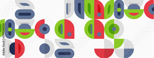Abstract geometric pattern. Circles, ovals, arcs create playful composition. Colors include red, green, blue, gray. Minimalist design.