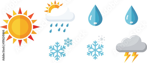 Collection of colorful flat design weather icons representing sun rain snow water droplets and electrical storms for forecasting applications