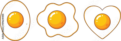 Cartoon illustration showcasing three distinct styles of prepared eggs including a halved boiled egg a sunny side up and a heart shaped fried egg design