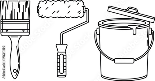 Simple black line art icons depicting essential painting tools including a paintbrush a roller and a paint can ready for renovation work