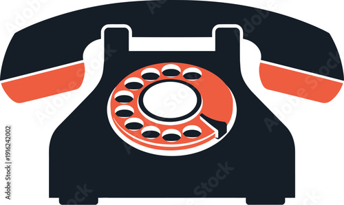 Stylized graphic representation of a vintage rotary telephone featuring a dark navy body with vibrant orange accents on the handset and dial plate signaling communication.