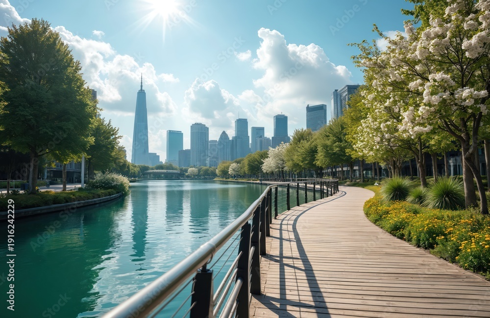 Fototapeta premium City canal with green trees and buildings reflects on calm water. Wooden walkway curves along river bank. Sunny day with white clouds. Beautiful urban park setting.