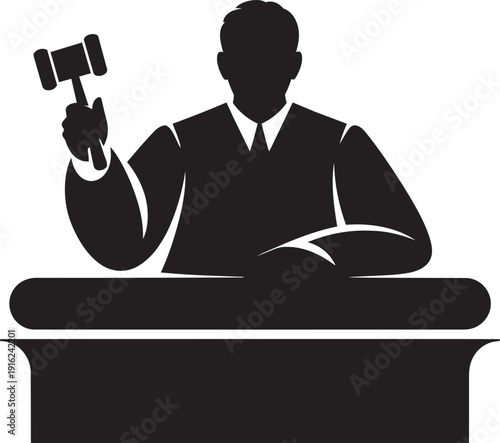 Silhouette of a judge at a desk, holding a gavel ready to strike