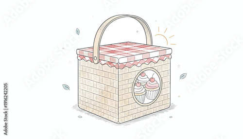 Hand-drawn picnic basket with cupcakes illustration, checkered lid, sunny day, outdoor theme