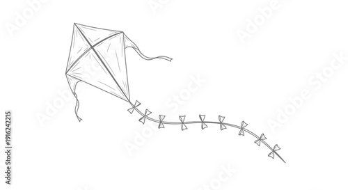 Hand-drawn sketch of a classic diamond kite with a long, decorative tail, flying against a white background.