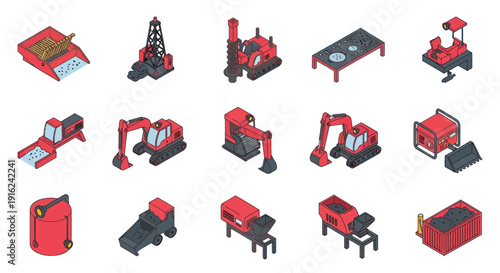 Collection of Red Industrial Machines and Equipment.
