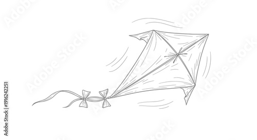 Hand-drawn Sketch of a Kite Flying in the Wind, Isolated on White Background