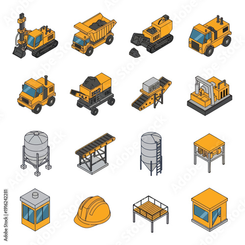 Construction Equipment and Machinery Icons Set.