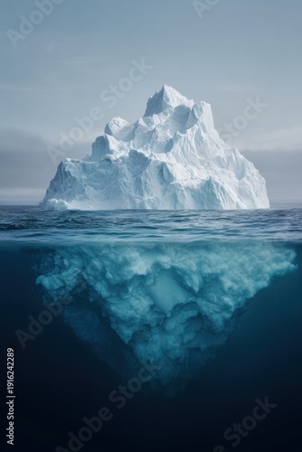 Iceberg floating in calm ocean waters with visible underwater structure and clear sky above