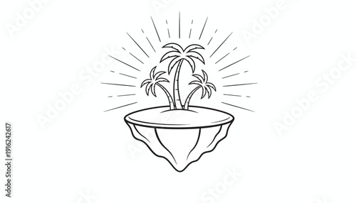 Floating Island Paradise with Palm Trees and Sunburst