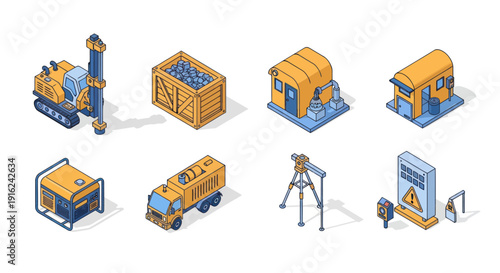 Isometric Construction Equipment and Site Huts.