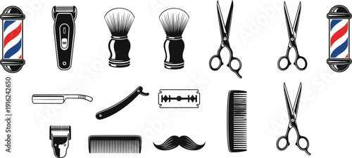 Barber Shop Equipment Vintage Set with Clipper Razor Scissors Comb Brush and Mustache Vector Illustration