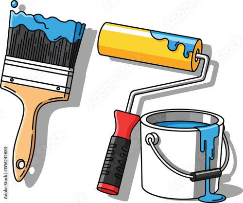 Cartoon illustration featuring essential painting tools including a loaded brush a roller and a silver bucket overflowing with bright blue liquid paint.