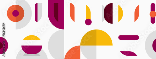 Abstract geometric shapes, muted colors, overlapping forms create modern design. Composition features circles, rectangles, lines.