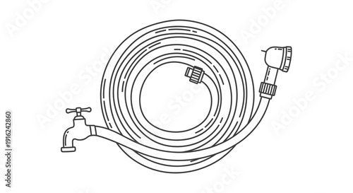 Garden Hose and Faucet Line Art Illustration - Water Supply for Gardening